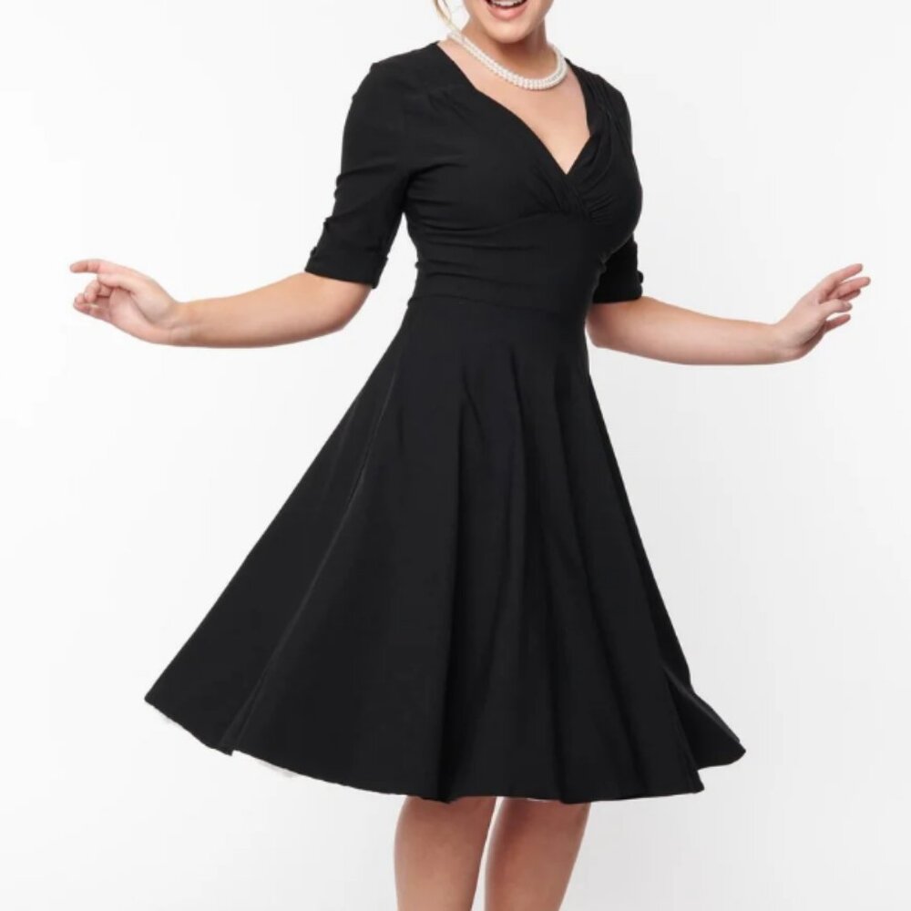 Unique Vintage Black Delores Swing Dress with Sleeves XS